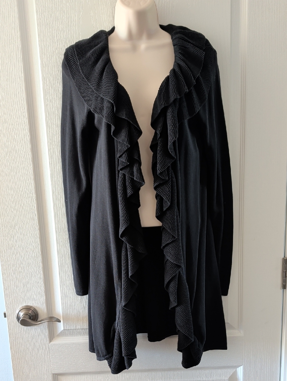 INC International Concepts Black Ruffle-Front Long Length Open Cardigan